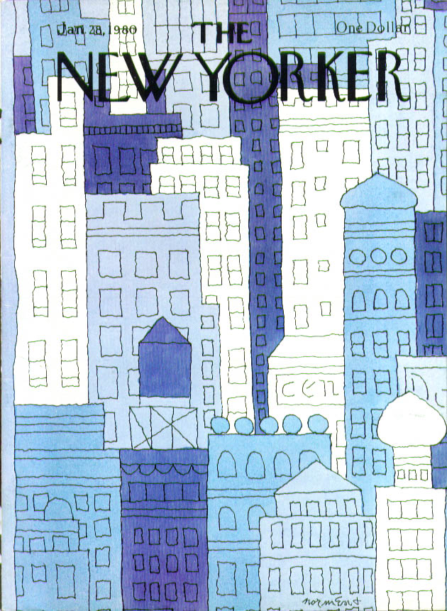 New Yorker cover Norment blue + white skyline 1/28 1980