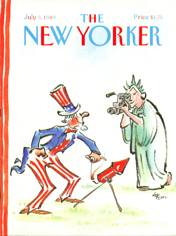 New Yorker cover Lorenz Lady Liberty tapes Uncle Sam lighting rocket 7/