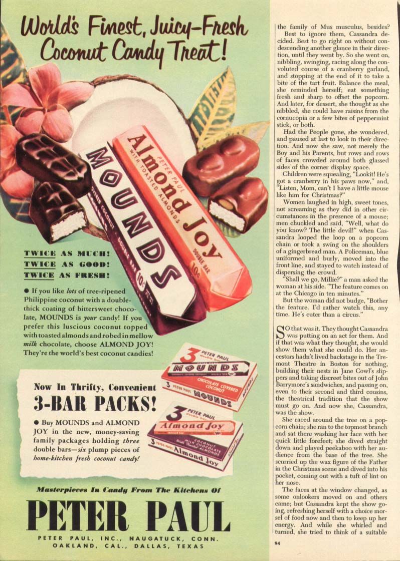 Mounds & Almond Joy 3-Bar Packs ad 1951