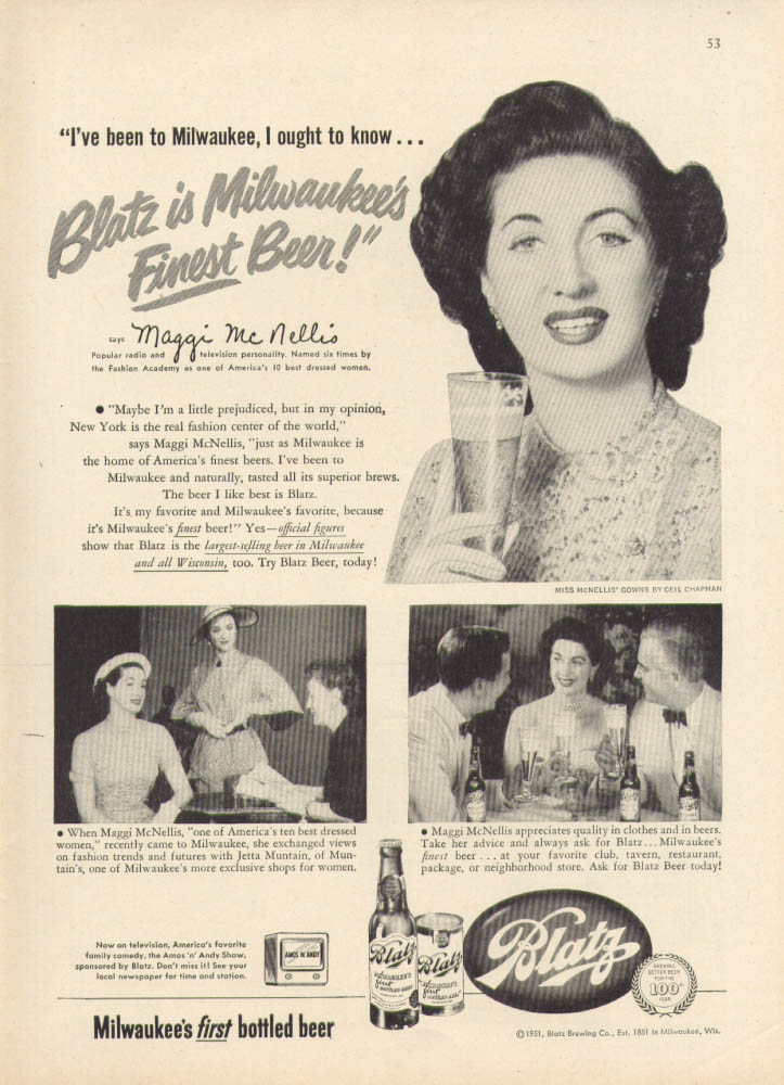 1951 Ad Blatz Beer Maggi McNellis Radio Fashion Jetta Muntain Ceil Cha –  Period Paper Historic Art LLC