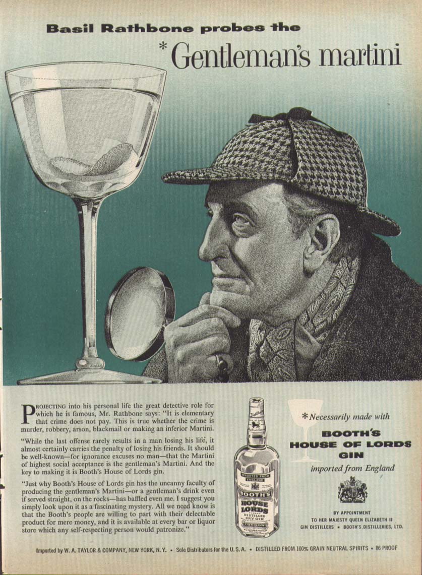 Basil Rathbone for Booth s Lords Gin ad 1958 green