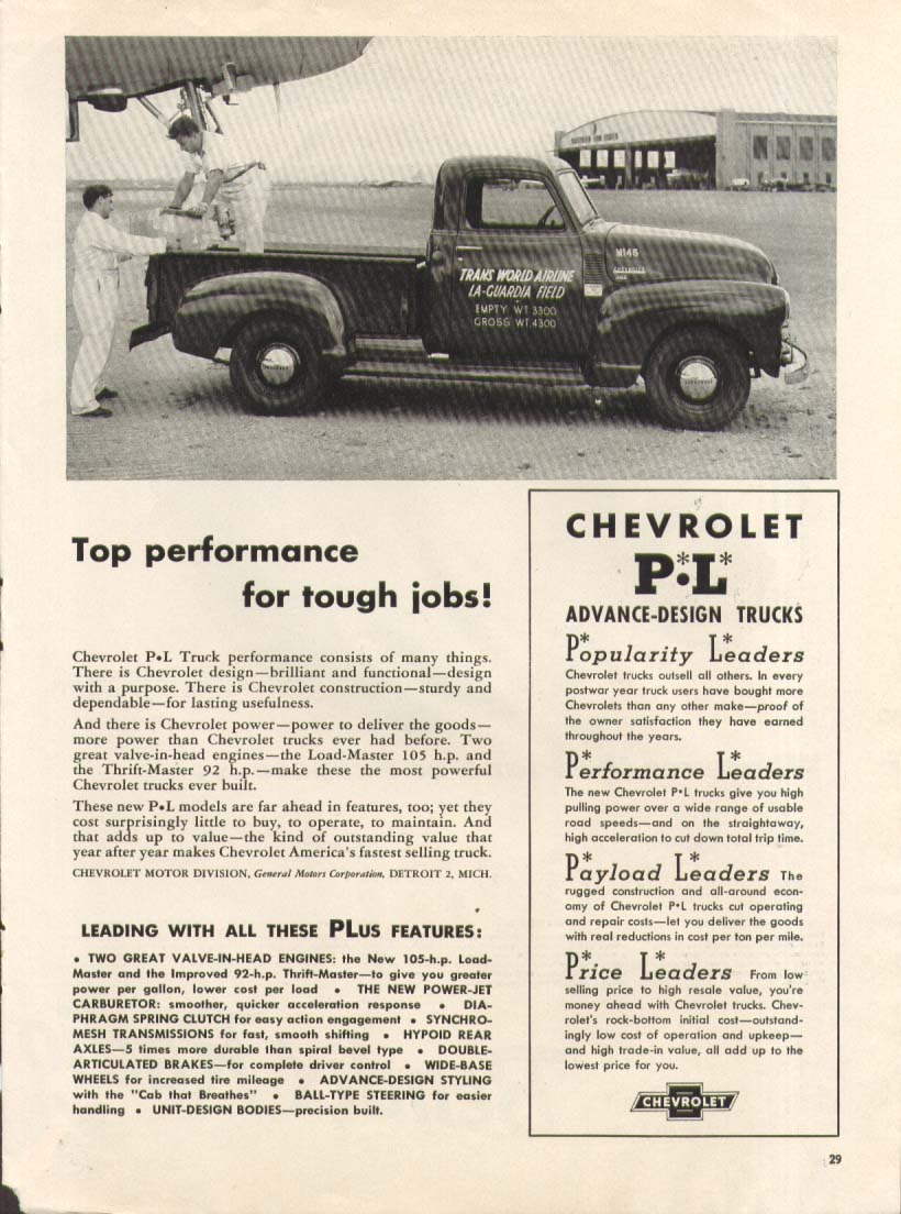 Top Performance For Tough Jobs Chevrolet Twa Laguardia Pick-up Truck Ad 