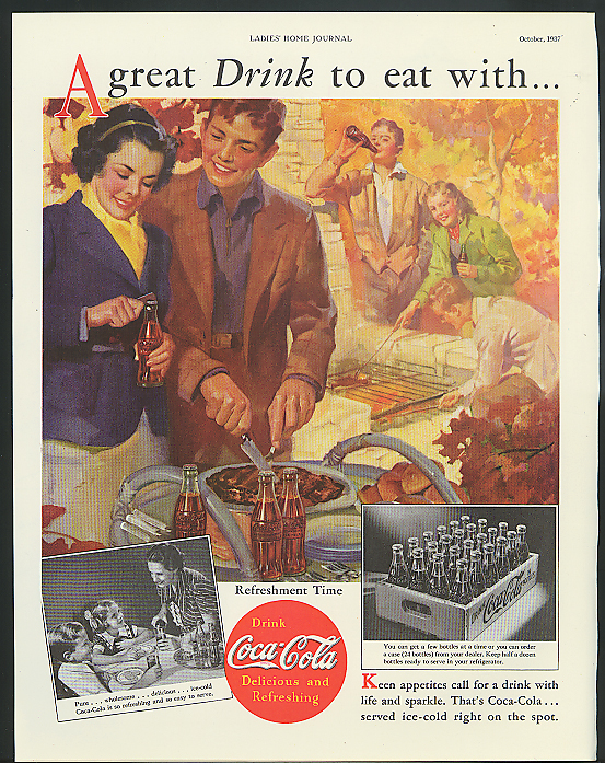 A Great Drink To Eat With Coca Cola Ad 1937 Youths Cooking Out By Sundblom