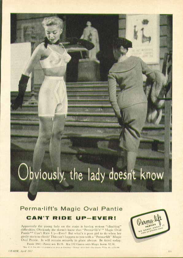 Obviously, the lady doesnt know Perma-Lift Magic Oval Pantie Girdle ad 1957