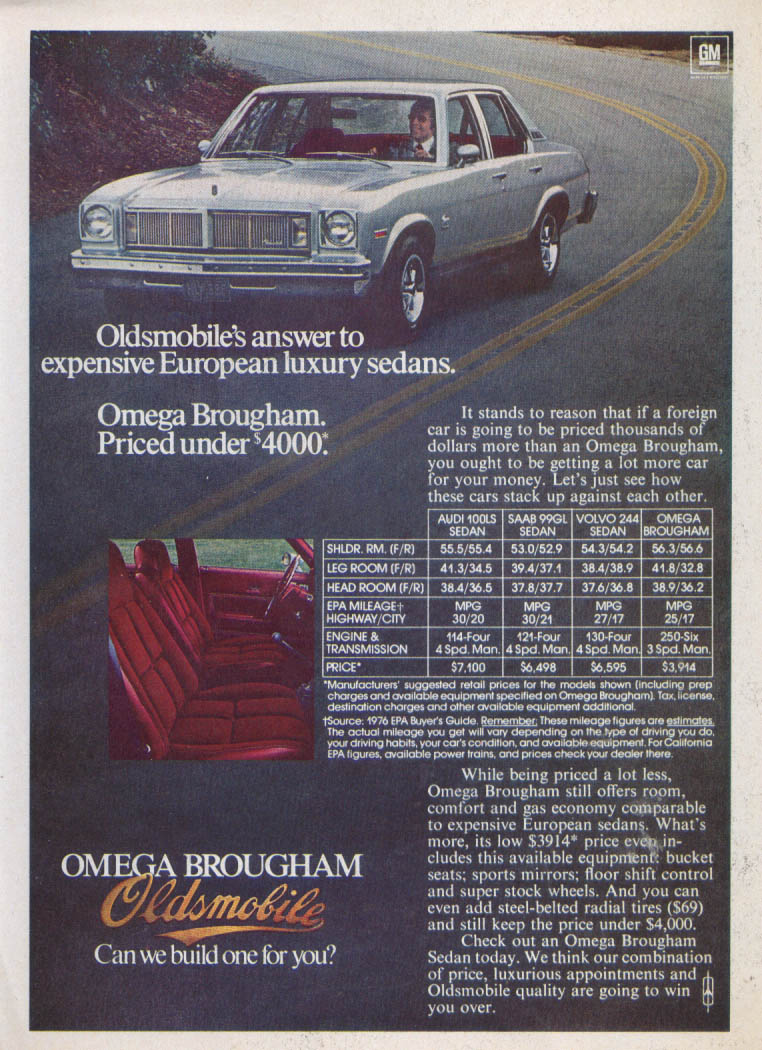 Luxury Sedan Oldsmobile Omega Brougham ad 1976 Time