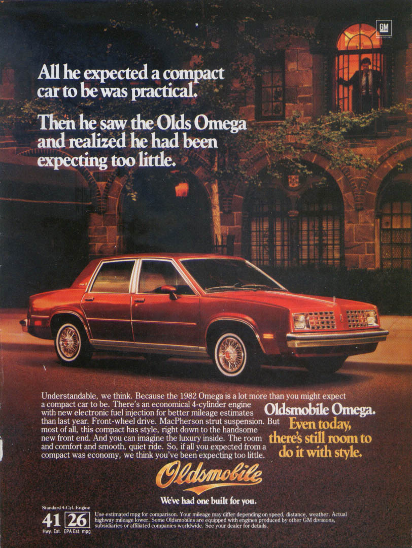 Compact Practical Oldsmobile Omega ad 1982