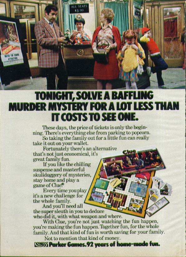 Solve a baffling mystery Parker Bros Clue Game ad 1975