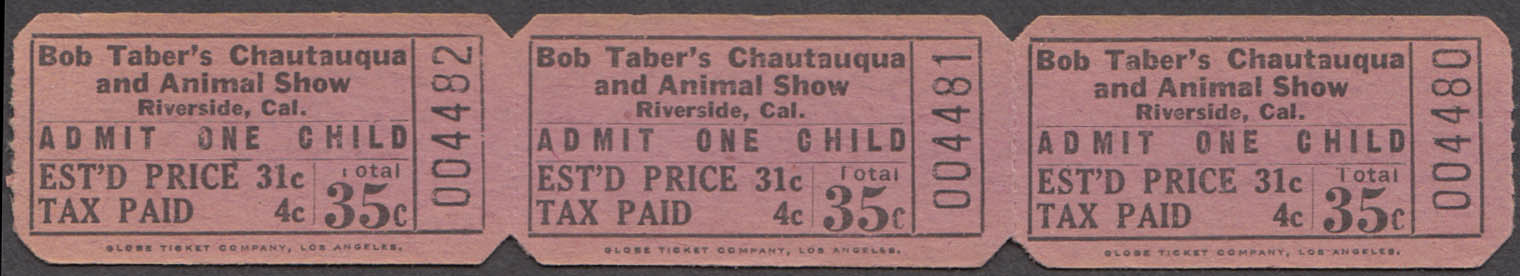 Von Bros Circus Ticket Strip Of Three Adult $1.50 Tickets