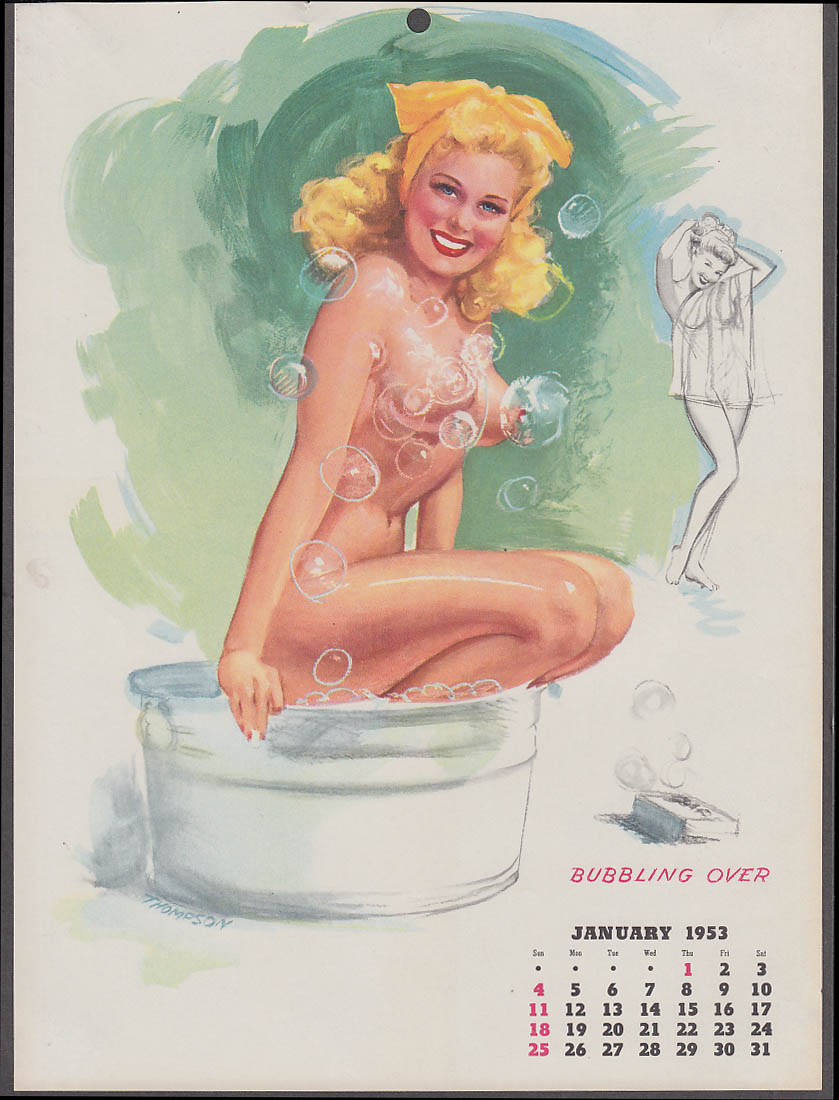 T N Thompson calendar pin-up 1 1953 Bubbling Over blonde nude exits washtub  bath