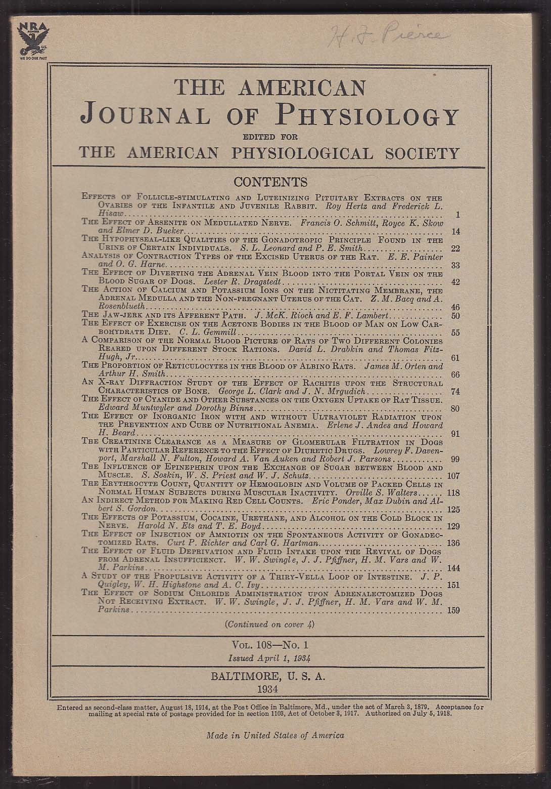 American Journal Of Physiology V108n1 1934