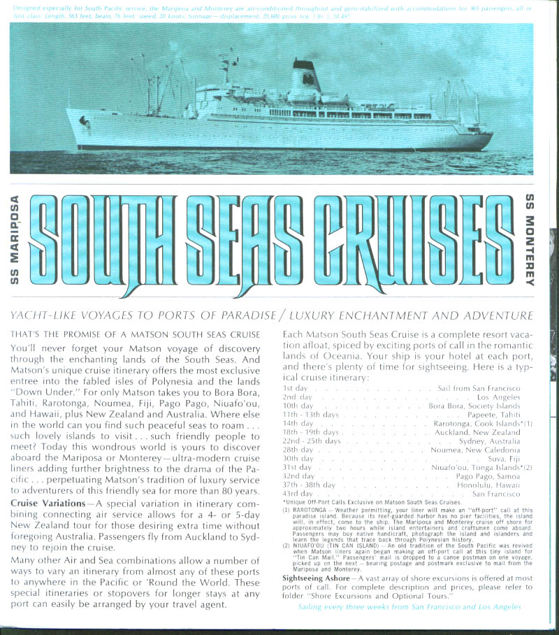 Matson Line South Seas Ss Mariposa & Monterey Schedule 1964