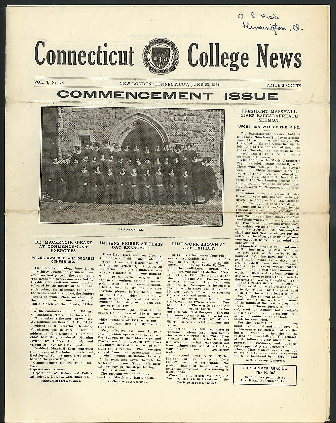 Commencement Issue CONNECTICUT COLLEGE NEWS New London CT 6/23 1922