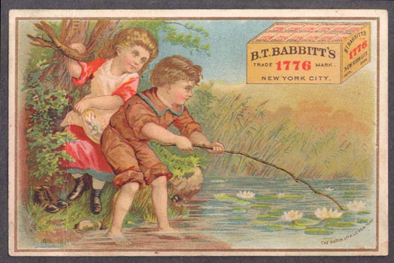 B T Babbitt's 1776 Medicinal Yeast Trade Card Kids Beside Lily Pond 1880s