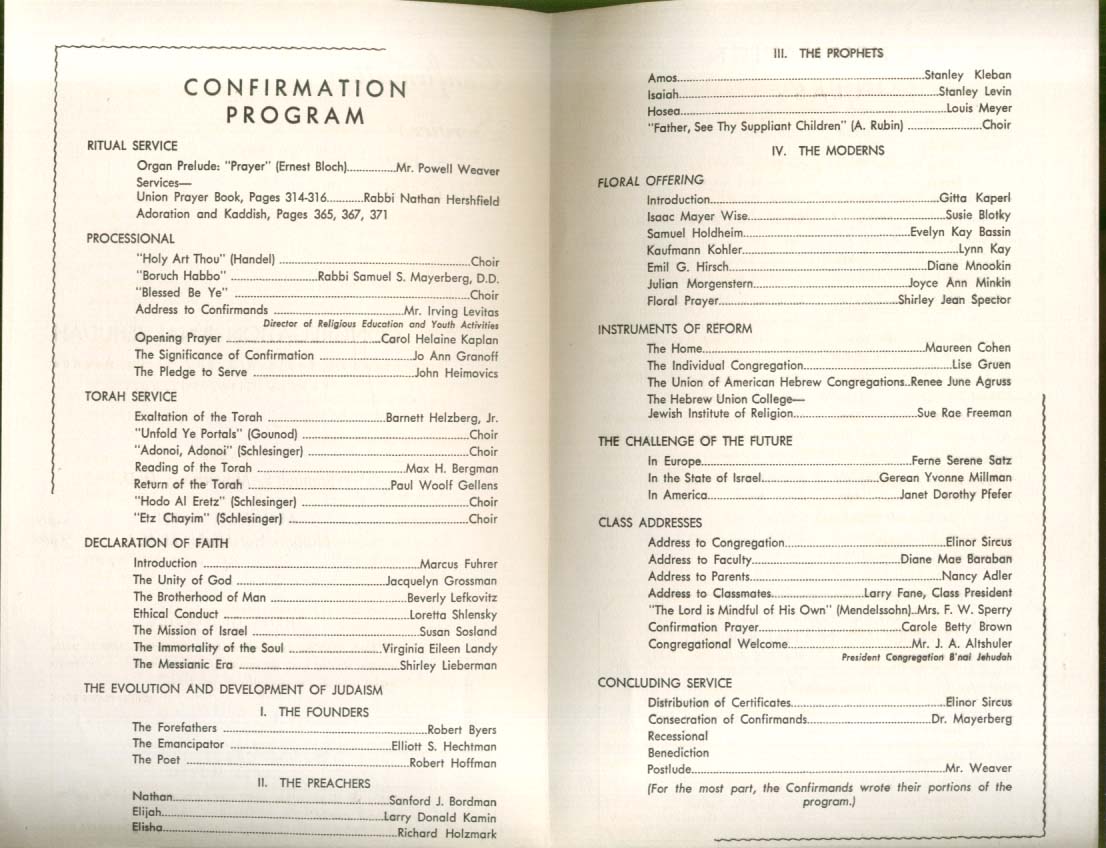 Congregation B'Nai Jehudah Confirmation Program 1949 Kansas City MO