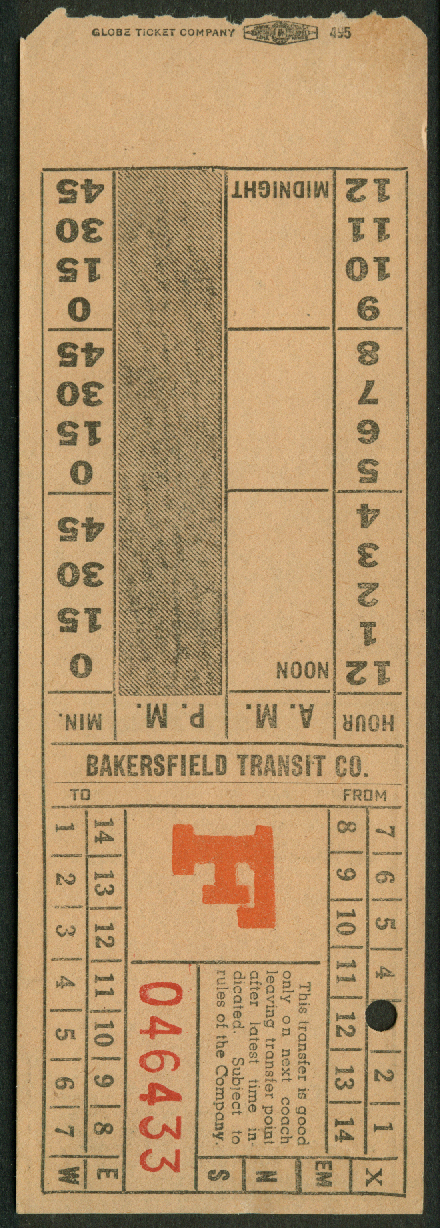 Bakersfield Transit Company bus transfer undated Bakersfield CA