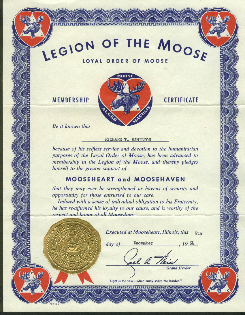 Legion of the Moose Membership Certificate Mooseheart IL 1954