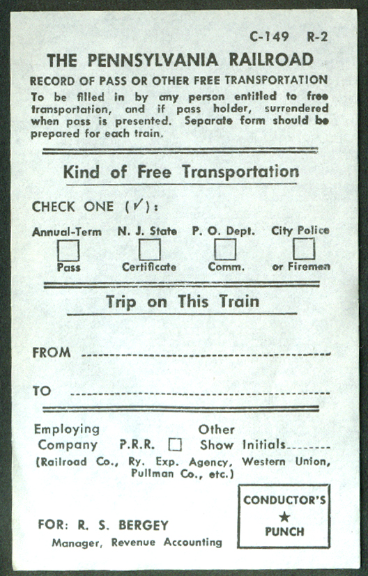 Pennsylvania Railroad Record Of Pass Or Other Free Transportation Form 