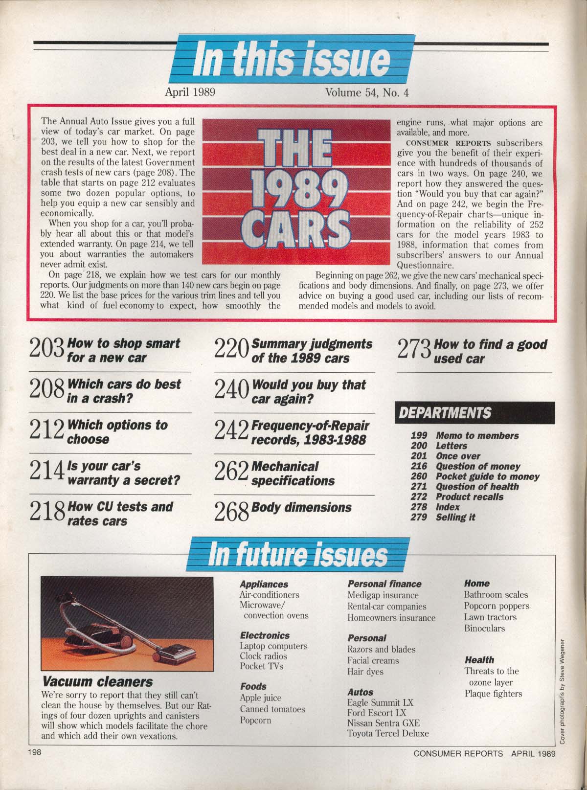 CONSUMER REPORTS Annual Auto Issue 4 1989