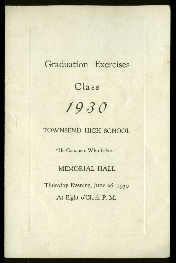 Townshend High School Graduation Exercises Program 1930 Ma 