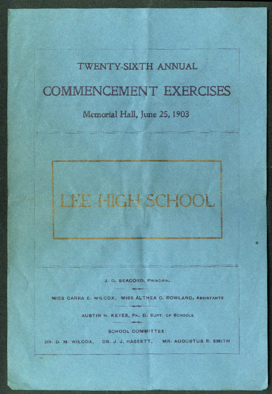 Lee High School Commencement Exercises Program 1903 MA