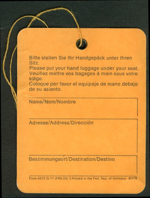 Lufthansa Airlines Cabin Baggage Tag Unused 1978