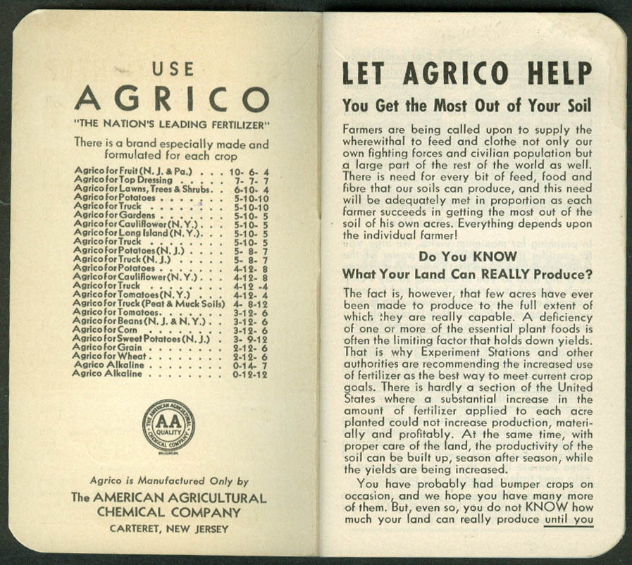 Agrico Fertilizer Memo Book Pocket Memorandum 1944