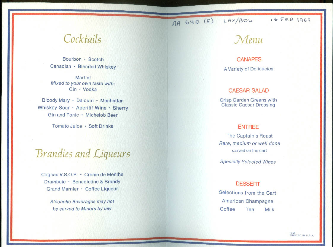 American Airlines The Captain's Table In-flight Menu 1969