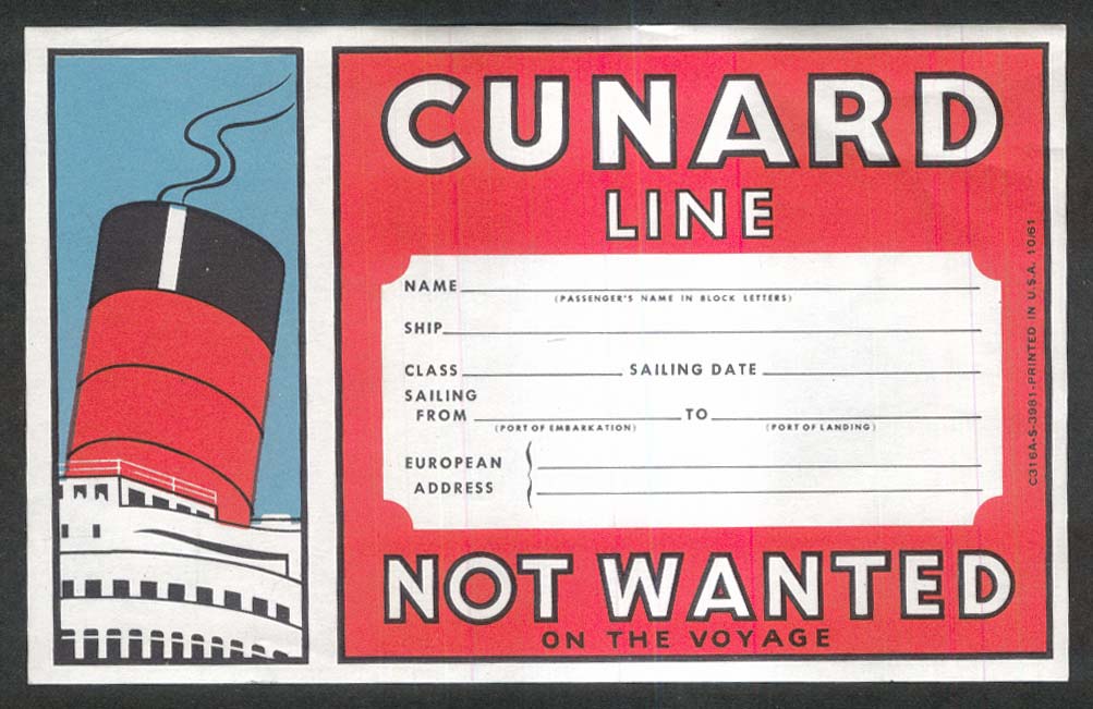 Cunard Line Not Wanted Unused Baggage Sticker