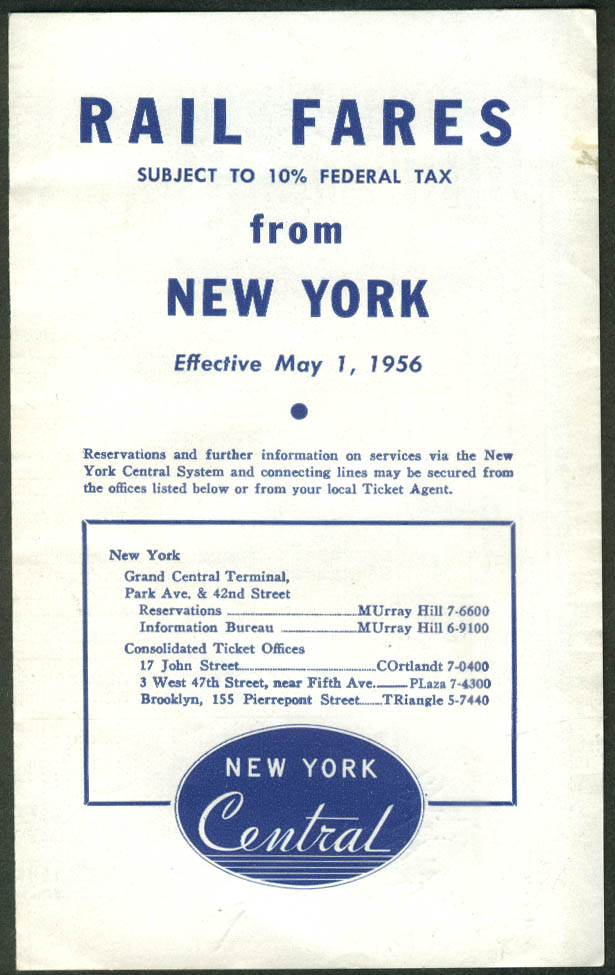 New York Central RR Rail Fares from New York to US Cities 5/1 1956