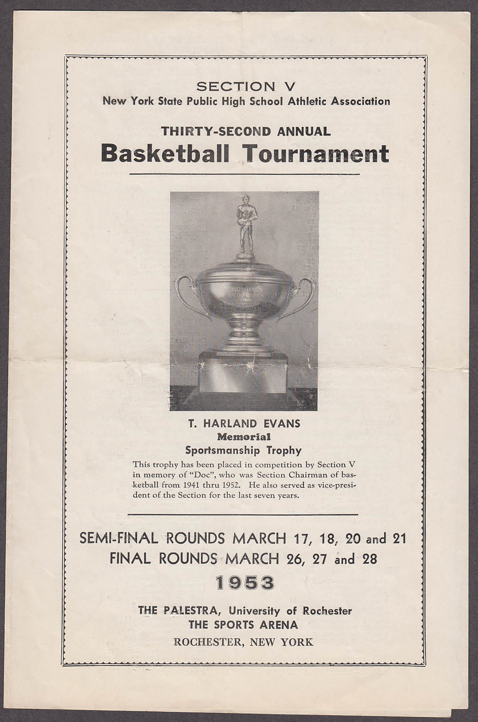 NY State High School Basketball Tournament program Rochester NY 1953