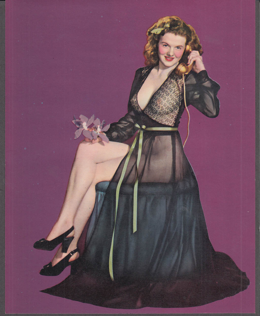 Pin Up Calendar Sample Sheet 1940s Girl On Phone See Thru Nightgown And Orchids 1598