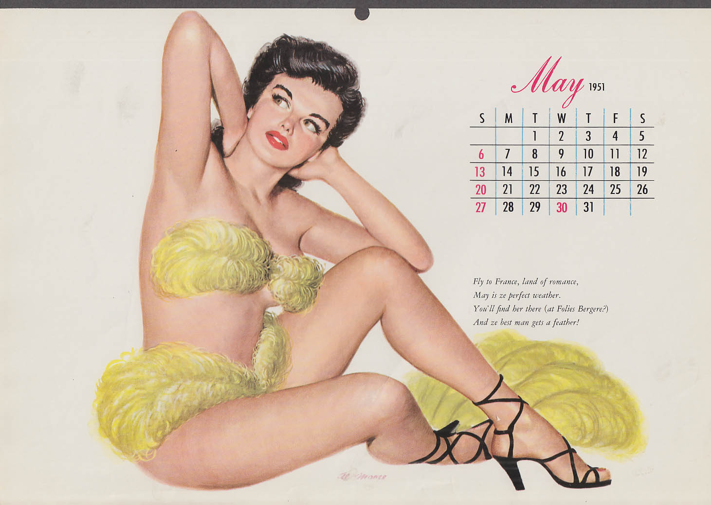 Al Moore Pin Up Calendar Page Feather Fan Dancer In Bikini