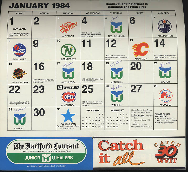 Hartford Whalers 19831984 Season Calendar Courant Channel 30 WVIT