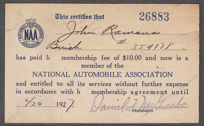 National Automobile Association Membership Card 1927