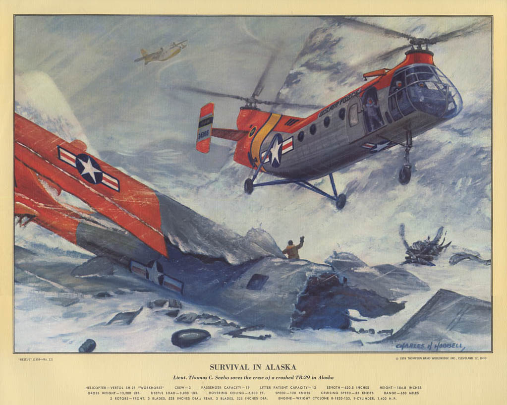 Survival in Alaska USAF Vertol SH21 Helicopter Hubbell calendar print 1959