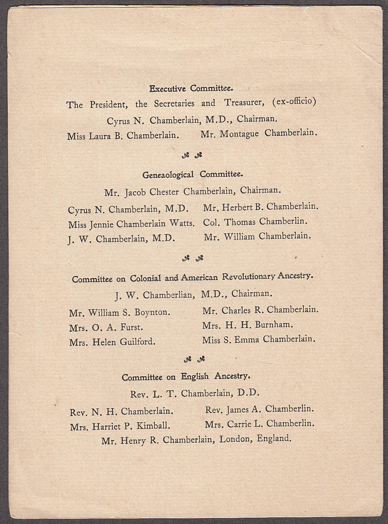 The Chamberlain Association Of America Geneaology Pamphlet Boston 1898