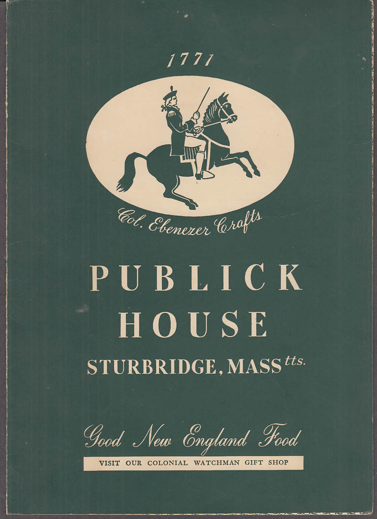 Publick House Restaurant Sturbridge MA menu 10/19 1954