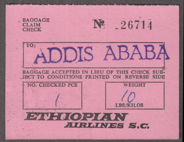 Ethiopian Airlines Addis Ababa flown baggage claim check NY Nairobi Tokyo 1960s