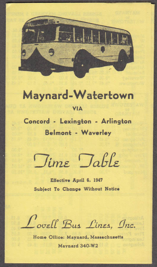 Lovell Bus Lines Time Table Maynard-watertown 4 6 1947