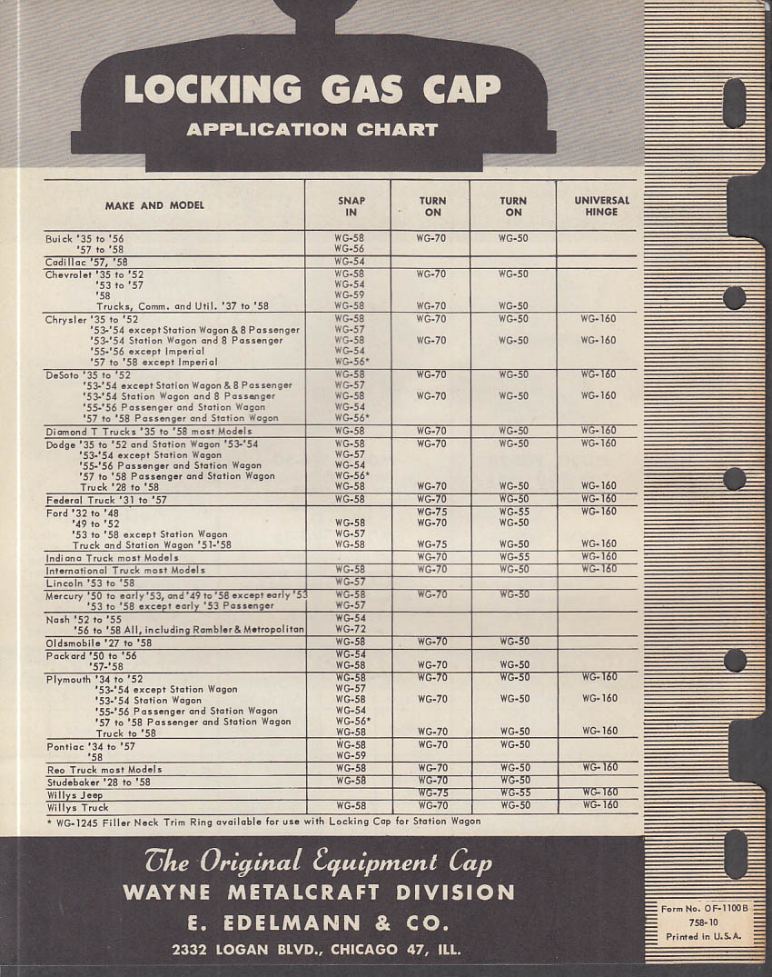 Wayne Locking Car & Truck Gas Caps catalog folder & application chart 1958