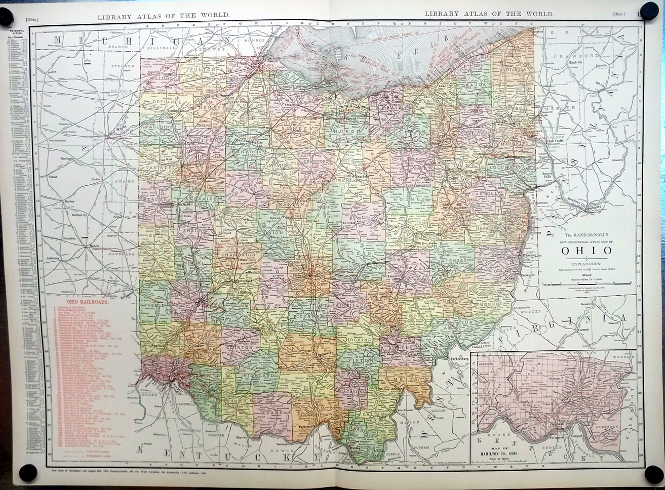 State Of Ohio With Hamilton County Insert 1912 Color Map With Railroads