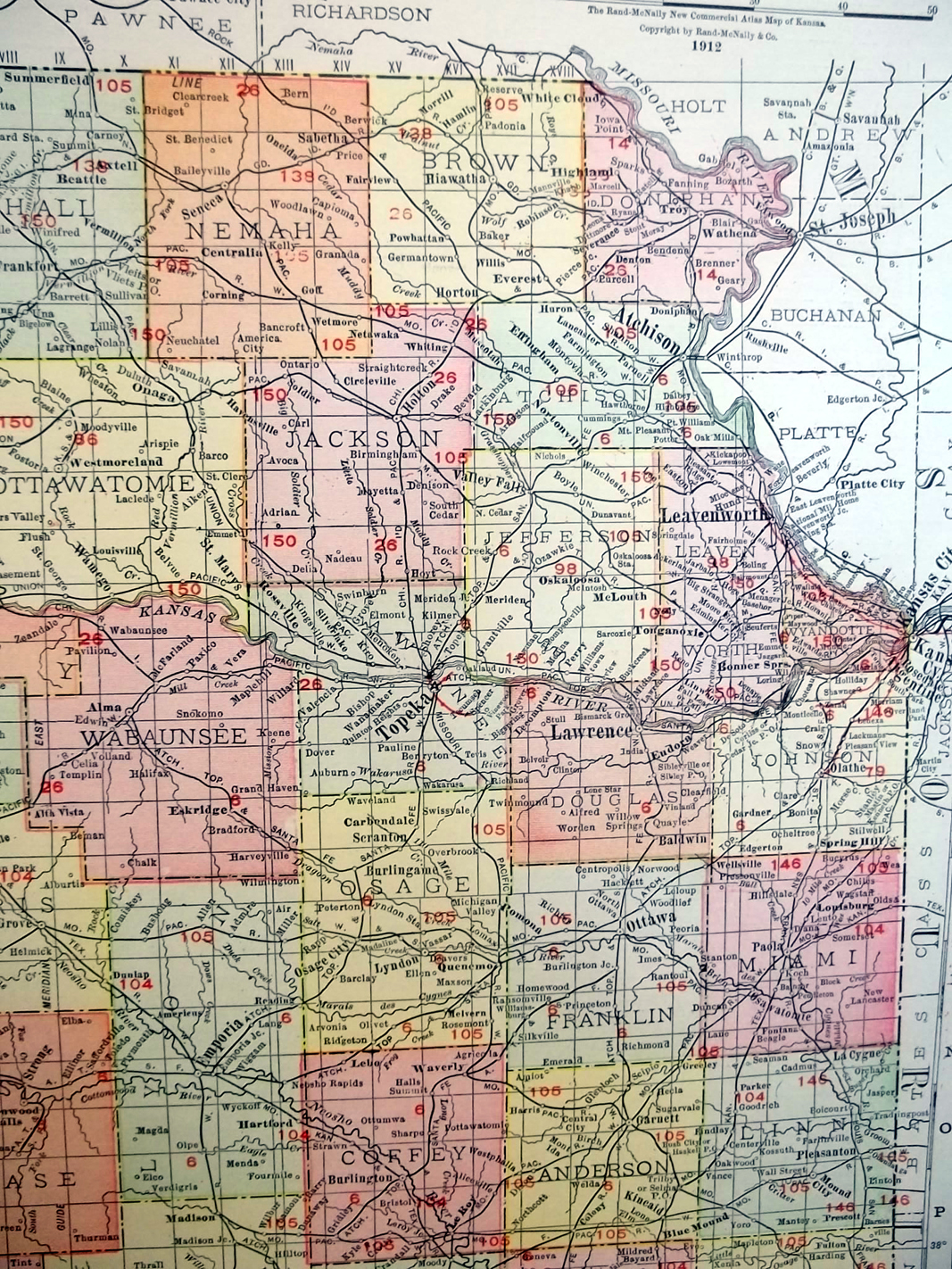 State Of Kansas Rand McNally Color Map With Railroads