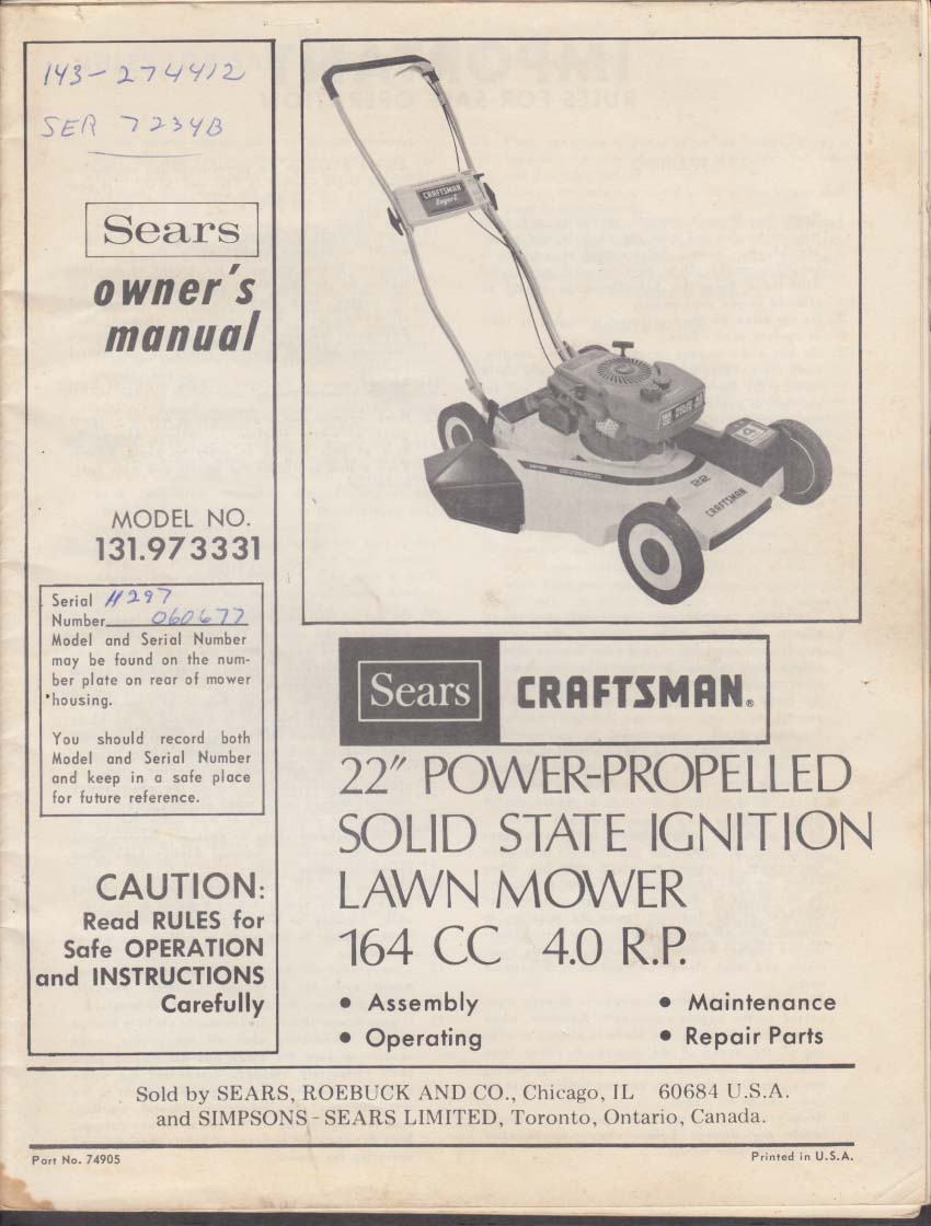Sears Craftsman 22" Self-Propelled Lawn Mower Owners Manual 1977