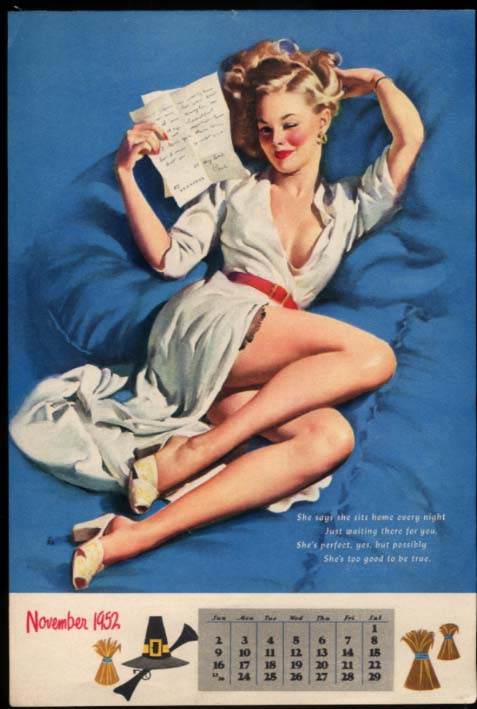 Gil Elvgren Pin Up Calendar Sheet 11 1952 Blonde Cleavage And Legs And Love