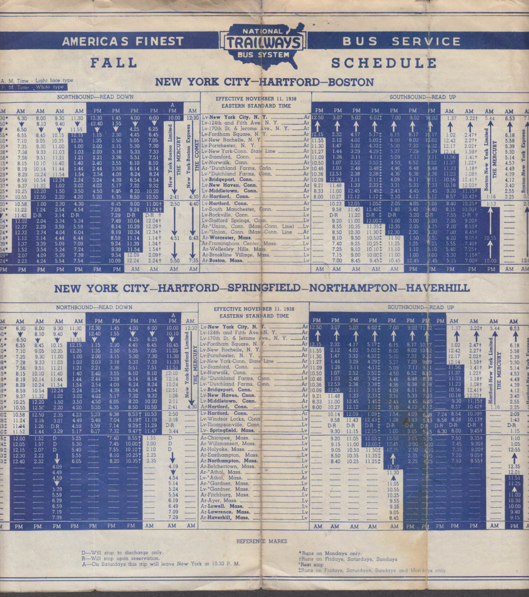 Blueway Trailways Boston-New York Bus Schedule 11/11 1938