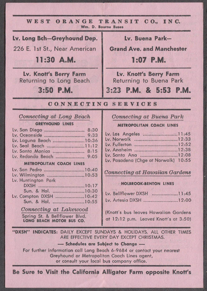 West Orange Transit Knott's Berry FarmLong BeachBuena Park Schedule 1954