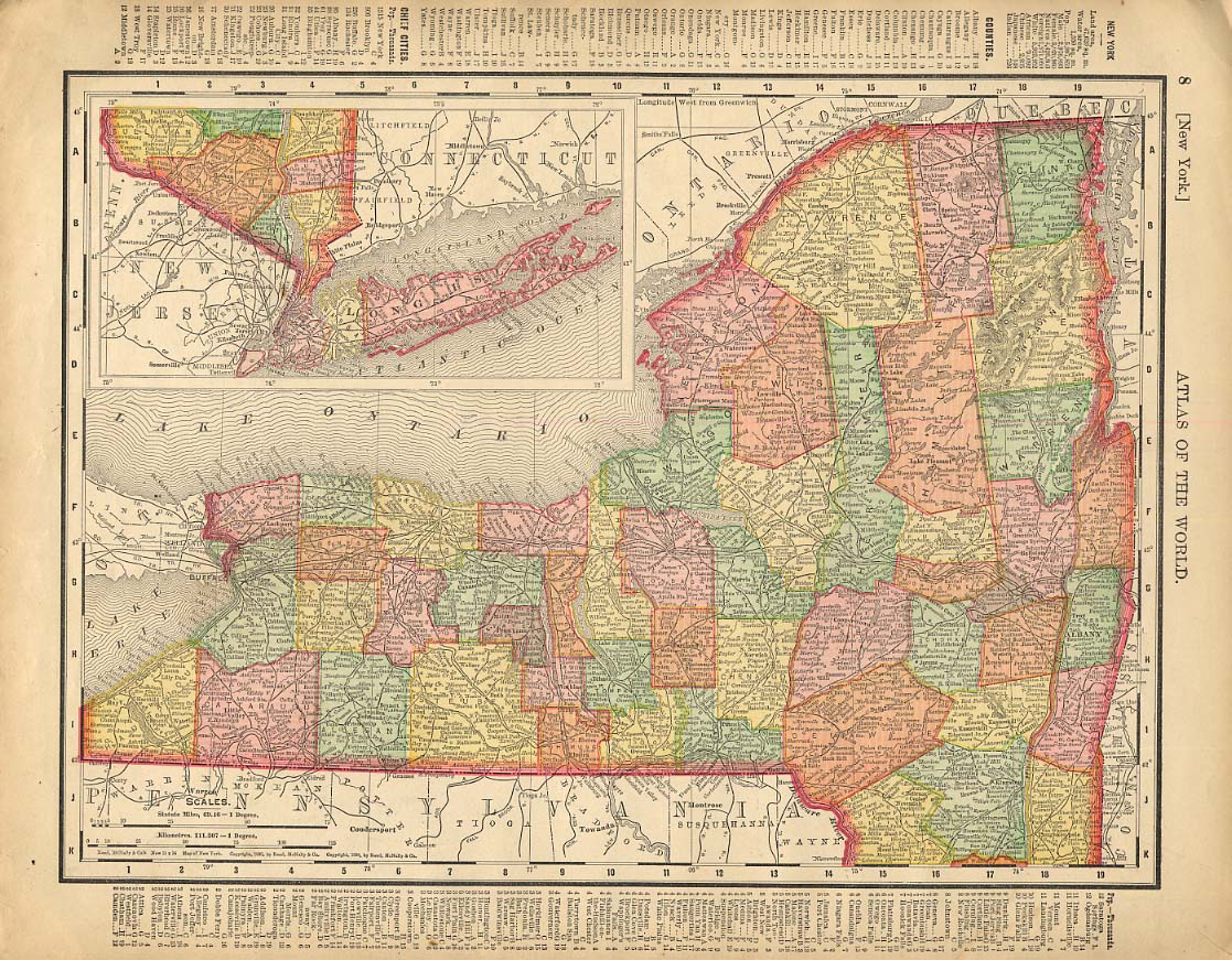 Cosmopolitan Rand McNally 1898 Map New York State Connecticut W RR Lines