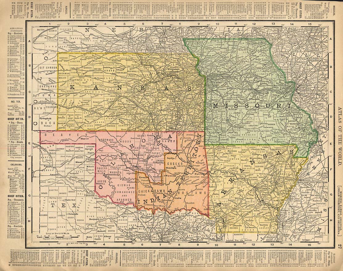 Cosmopolitan Rand McNally 1898 Map KS MO AR Oklahoma Indian Territory / LA