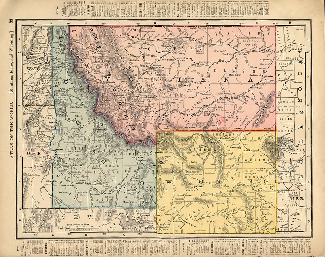 Cosmopolitan Rand McNally 1898 Map Idaho Montana Wyoming / Washington Oregon