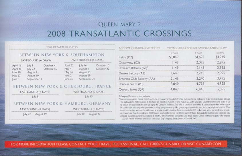 Cunard RMS Queen Mary 2 Transatlantic Crossings schedule 2008